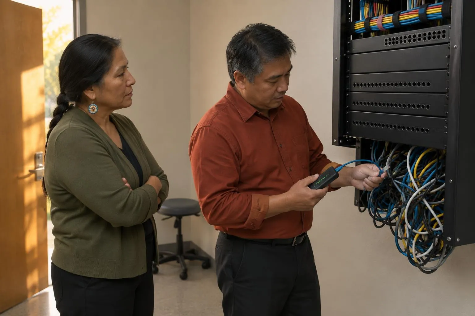 Consultant tests a tangled network cable with a handheld tester while a practice manager watches at a clinic equipment rack.