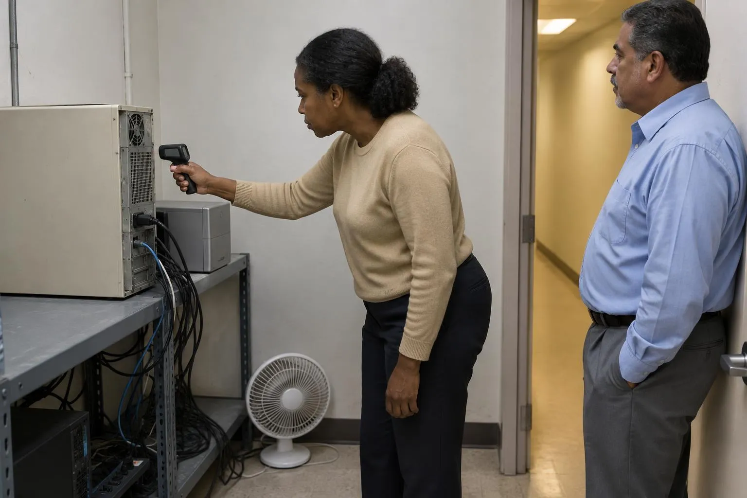 A consultant aims a handheld infrared thermometer at an old clinic server tower while a manager watches from the doorway.