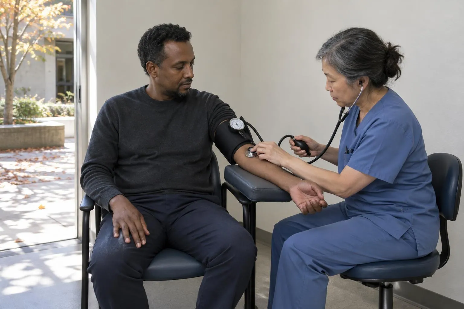 A nurse checks an EHR consultant’s blood pressure during an October quality-reporting workflow rehearsal.
