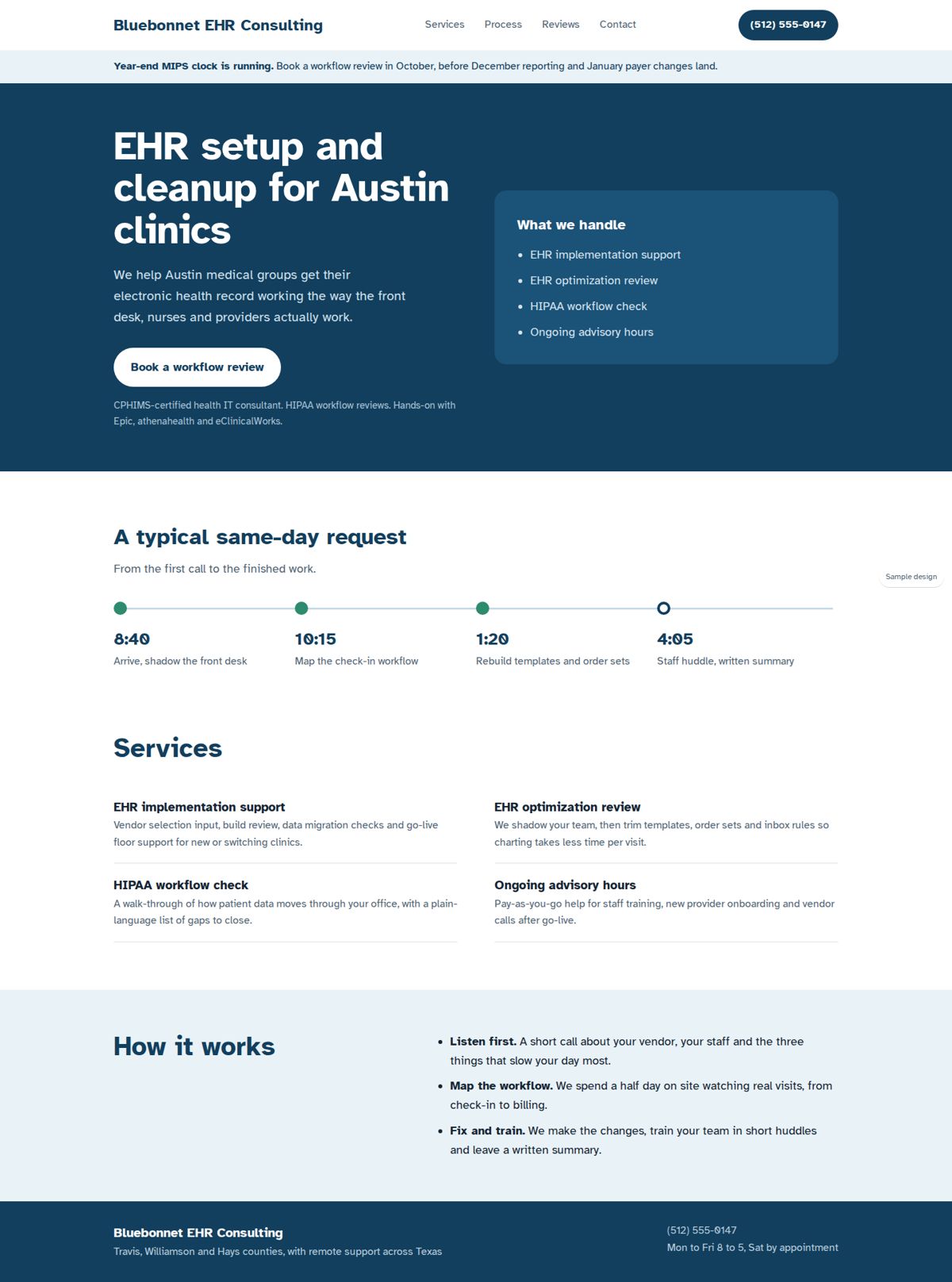 Full page of a sample business website, desktop view